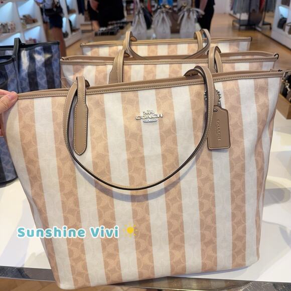 NWT Coach Large City Tote Bag Signature Canvas With Stripe CBI03, Sand/Tan